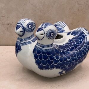 Vintage 80s Cobalt Hand Painted Calligraphy Water Dropper Bonded Mandarin Ducks